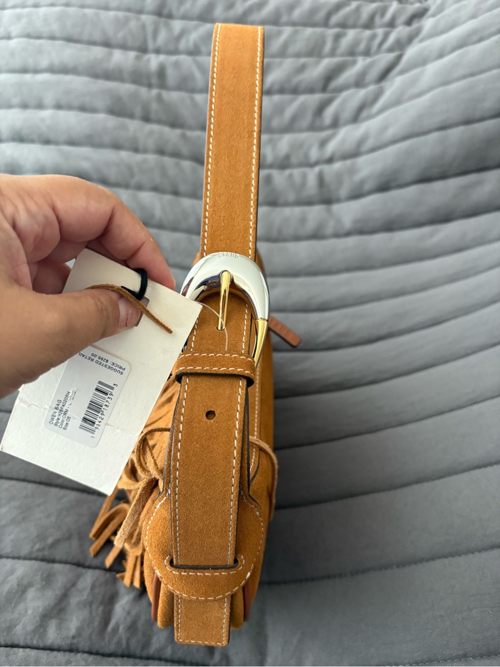 Sold‼️STAUD Suede Crescent Shoulder Bag in Cognac Brown with Tassel - Picture 13 of 15